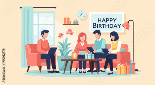 Four people gathered in a living room with gifts, laptops, and birthday decorations