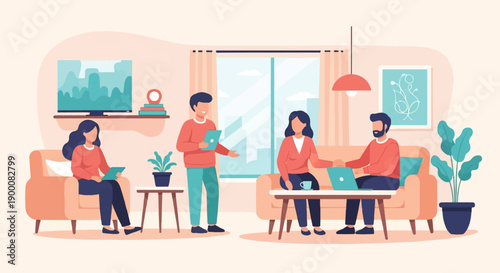 Four people gathered in a living room, working and relaxing on devices