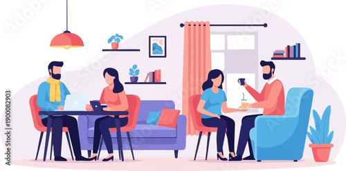 Four people in a cafe, two working and two socializing