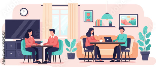 Four people in a cozy living room space working and relaxing