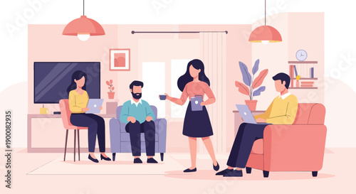 Four people in a cozy living room, working and relaxing