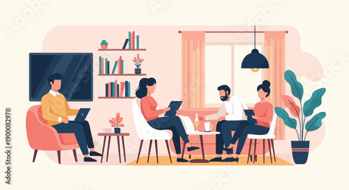 Four people in a living room, some working on laptops, others talking