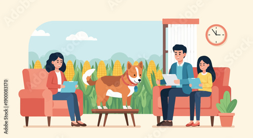 People and pet interact within an indoor setting with a cornfield backdrop