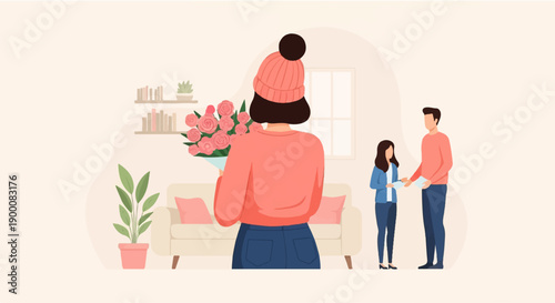 People exchanging items in a cozy living room setting with flowers