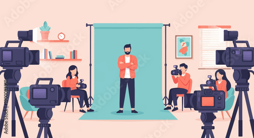 People filming a man in a studio with cameras and backdrop