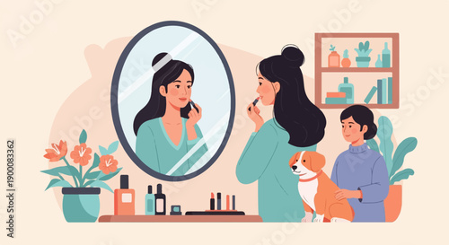People and pet prepare for the day with makeup and plants