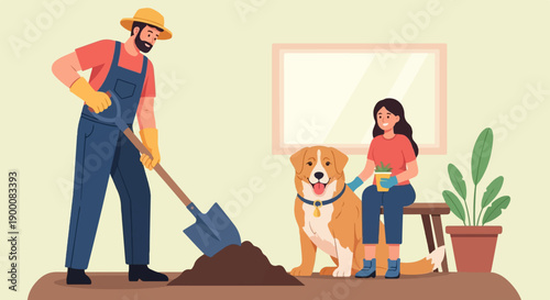 Gardener with shovel, woman with plant, dog, and potted plant inside a room