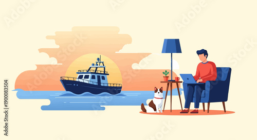 Man working on laptop with dog and boat offshore at sunset