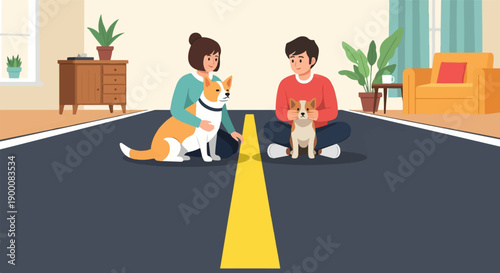 People and their dogs sit on a path in a room
