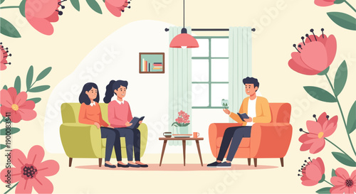 People gather in a cozy living room with flowers framing the scene