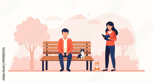 People and pets relax on a park bench amidst trees