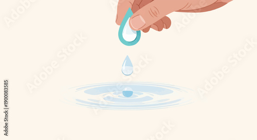 Gentle hand releases droplet, creating ripples on calm surface