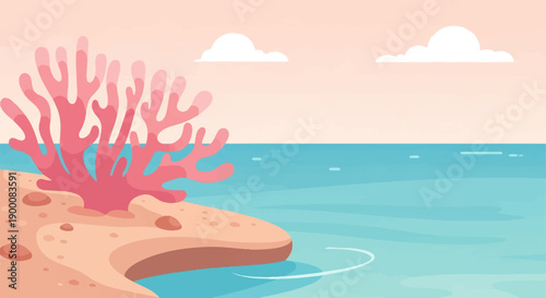 Gentle pink coral reef on a sandy shore beside calm turquoise ocean