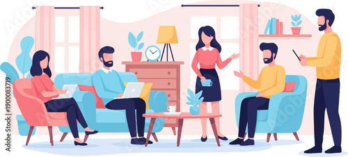 People gathered in a cozy living room, working and socializing