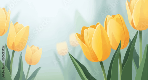Gentle yellow tulips bloom against a soft, hazy backdrop of muted green and blue hues