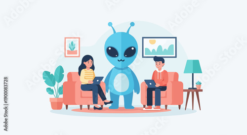 Friendly alien joins humans working on laptops in a cozy room