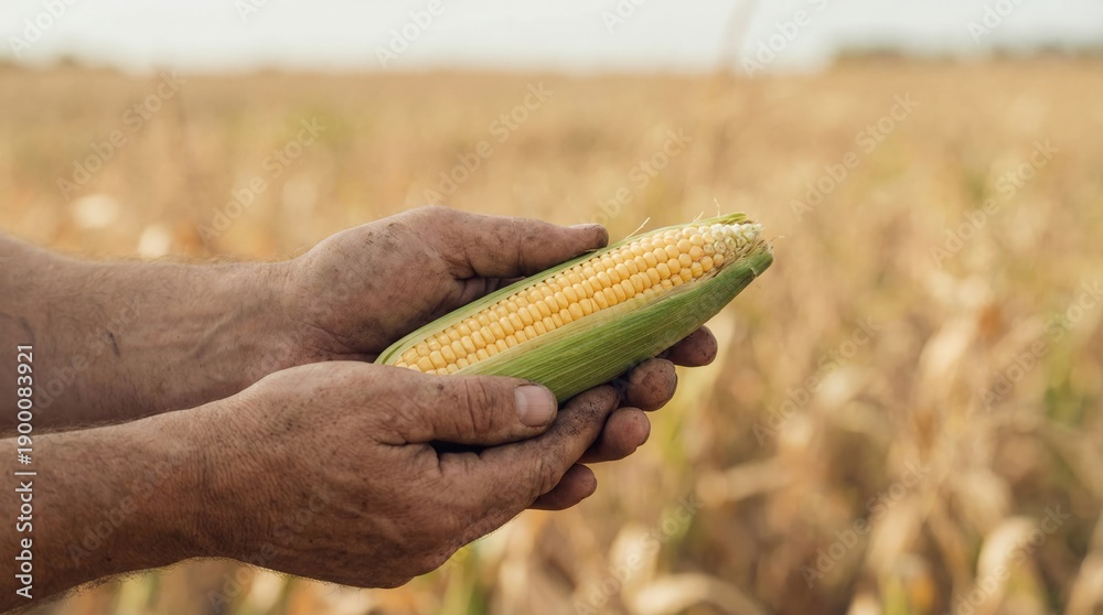 Naklejka premium Dirty farmer hands gently cradling a freshly harvested, partially shucked corn cob, showing its vibrant yellow kernels against a blurred golden agricultural field background