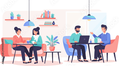 People chatting and working at tables with plants and books nearby