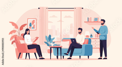 People gathered in a living room for work and relaxation