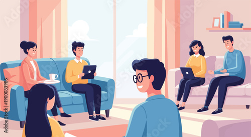 People gathered in a living room, interacting with laptops and tablets