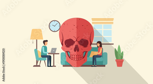 Giant red skull looms over people in a surreal indoor scene