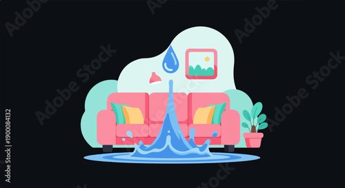 Indoor water damage from ceiling leak onto sofa, creating a mess