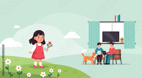 Girl with flowers in meadow, people and dog indoors