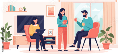 People collaborating and discussing tasks in a bright, modern living room setting