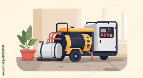 Industrial generator with fuel tank and control panel, near potted plant
