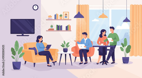 People collaborating and working in a modern living room