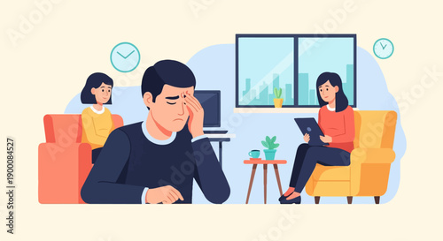 Man stressed during therapy session with woman on tablet