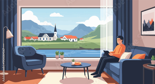 Man relaxing on sofa, looking at tablet with scenic village view