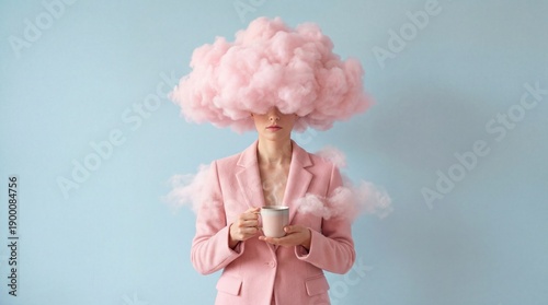 Surreal Pink Cloud Woman in Pastel Suit with Coffee Cup Concept