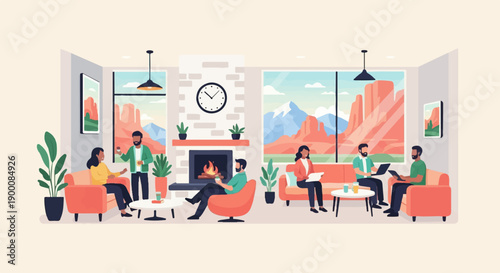 People in a living room with a fireplace and desert landscape view