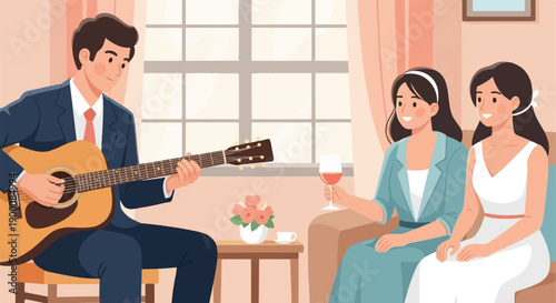 Man plays guitar for two women with wine and flowers