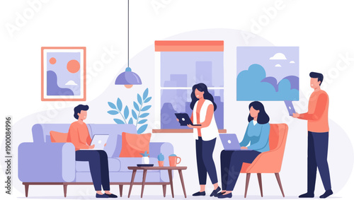 Four people working on laptops in a modern living room environment