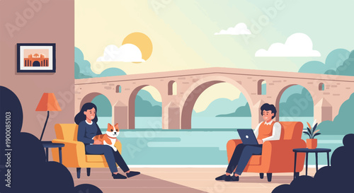 Peaceful interior with people, pet, and scenic bridge view