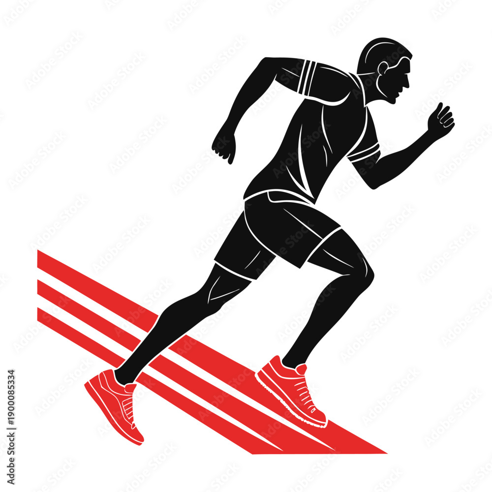 Obraz premium Athlete Running Fast on Red Striped Background, Dynamic Sports Illustration with Motion Energy and Speed Concept