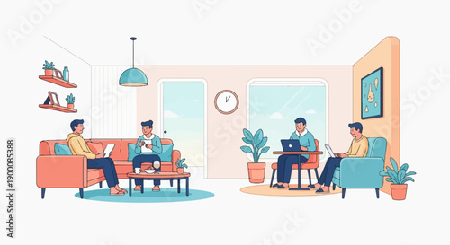 Four people working and relaxing indoors with modern decor