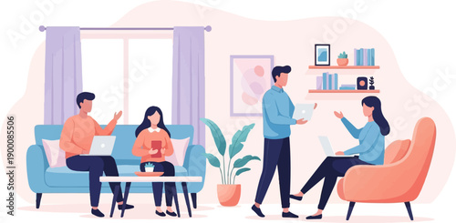 Four people working and collaborating on laptops in a modern living room