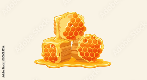 Golden honeycomb sections dripping with sweet, viscous nectar