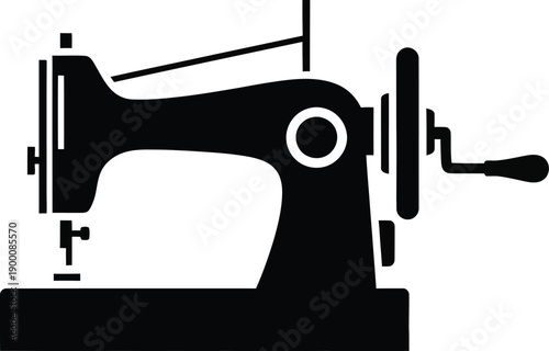 A black silhouette icon of a vintage sewing machine with a hand crank and spool holder