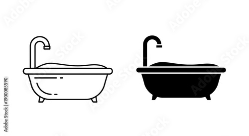 Bathtub icon, simple illustration of a soaking tub with faucet and water, vector in outline and silhouette