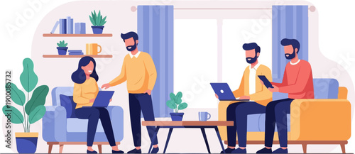 Four people work on laptops in a cozy living room