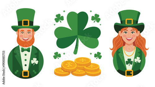 St Patrick’s Day holiday symbol set featuring lucky man and woman shamrock hat gold coin and Irish luck elements for March celebration vector collection