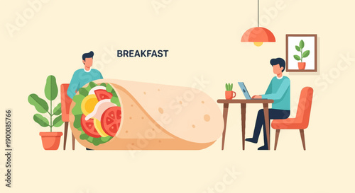 Man eats large breakfast wrap and another works on laptop at table