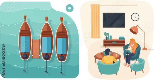 Peaceful scenes boats on water and cozy home interior