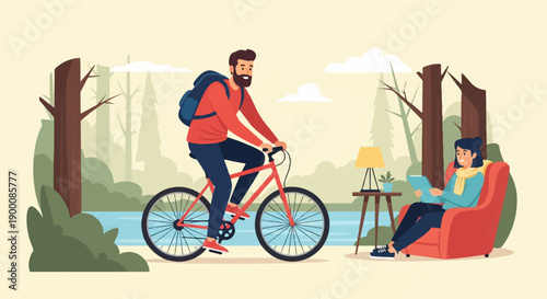 Man cycles, woman reads in a cozy forest retreat