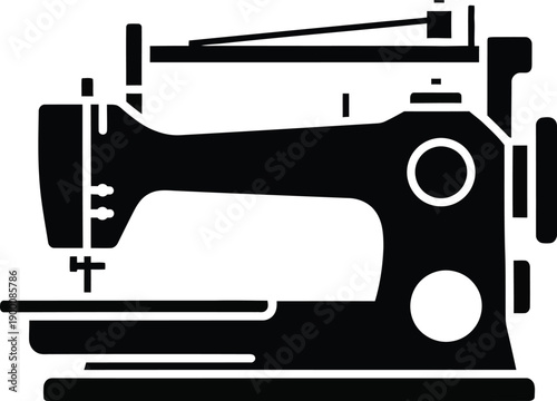 A black silhouette icon of a vintage sewing machine used for tailoring and garment creation