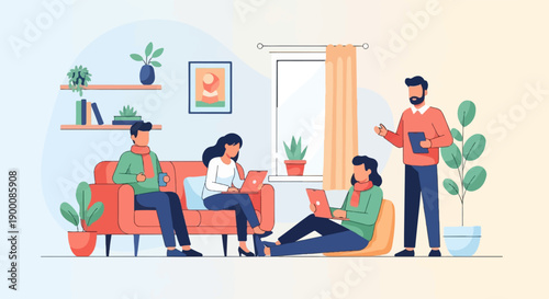 Four people with laptops in a cozy, modern living room setting